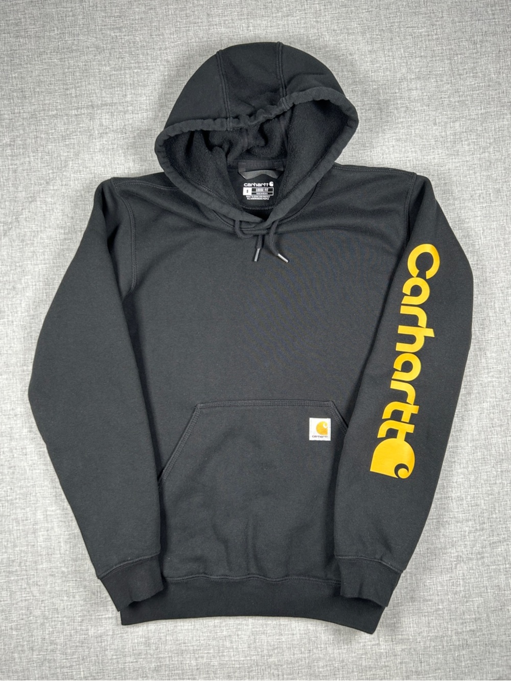Carhartt Loose Fit Hoodie Men’s Small Black Gold Sleeve Logo Fleece Pullover